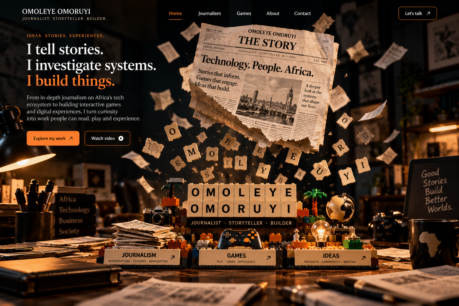 Cinematic visual concept for a portfolio built from newspapers, letters and creative blocks